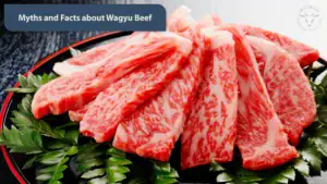 Thinly sliced heavily marbled Wagyu beef on a dark platter, captioned Myths and Facts about Wagyu Beef