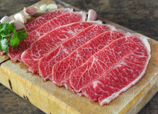 wagyu steak strips with excellent marbling and buttery flavor