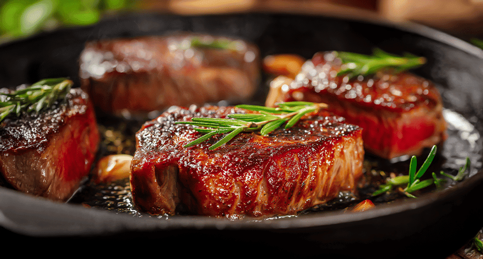 Ribeye cooking in beef tallow in a pan