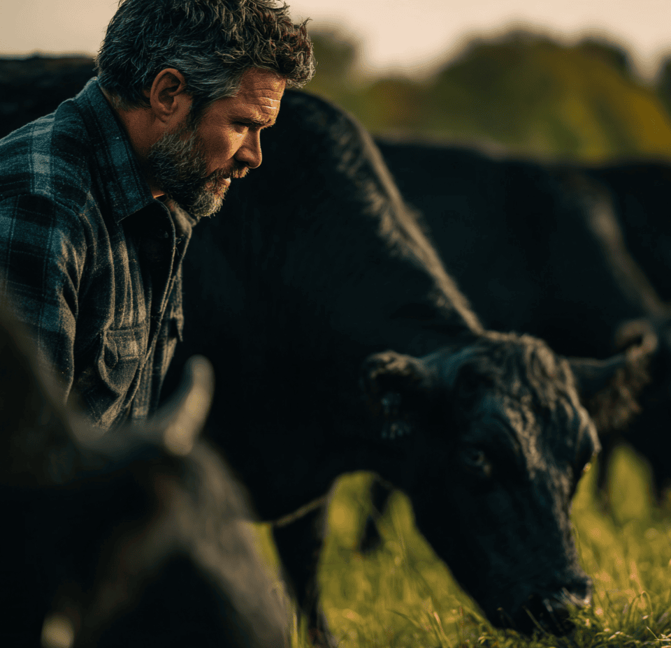 Rancher kneeling in the pasture beside grazing black Wagyu cattle at sunset
